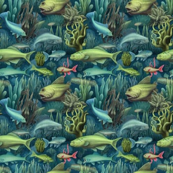 Seamless background of deep sea monsters and fish. Modern surrealism art style.AI generated