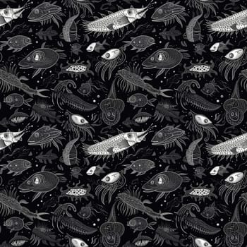 Seamless background of deep sea monsters and fish on a black background, with modern minimalist black and white art style.AI generated