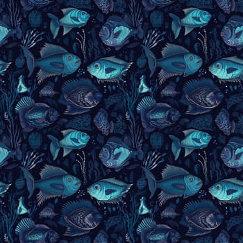 Seamless background of deep sea fish on a dark blue background, with bioluminescent features. Surrealism art style.AI generated