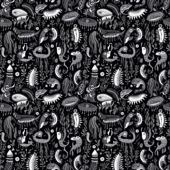 Seamless background of deep sea monsters and fish on a black background, with modern minimalist black and white art style.AI generated