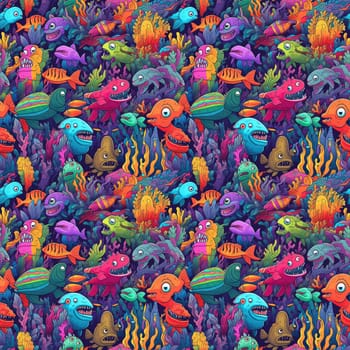 Seamless background of sea monsters and fish on a coral reef background, with vibrant and colorful cartoon art style.AI generated