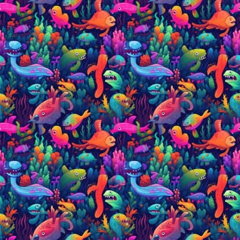 Seamless background of sea monsters and fish on a coral reef background, with vibrant and colorful cartoon art style.AI generated