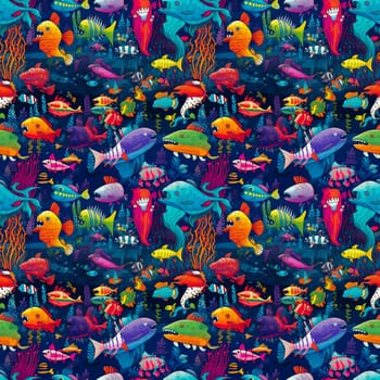 Seamless background of sea monsters and fish on a coral reef background, with vibrant and colorful cartoon art style.AI generated