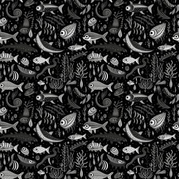 Seamless background of deep sea monsters and fish on a black background, with modern minimalist black and white art style.AI generated