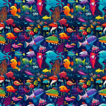 Seamless background of sea monsters and fish on a coral reef background, with vibrant and colorful cartoon art style.AI generated