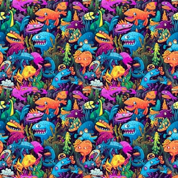 Seamless background of sea monsters and fish on a coral reef background, with vibrant and colorful cartoon art style.AI generated