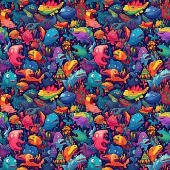 Seamless background of sea monsters and fish on a coral reef background, with vibrant and colorful cartoon art style.AI generated