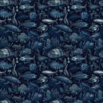 Seamless background of deep sea monsters and fish on a dark blue background, surreal art style.AI generated
