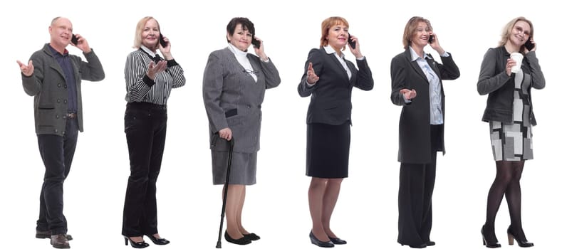 group of people holding phone in hand isolated on white background