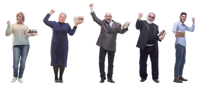 group of happy people with gifts in their hands isolated on white background