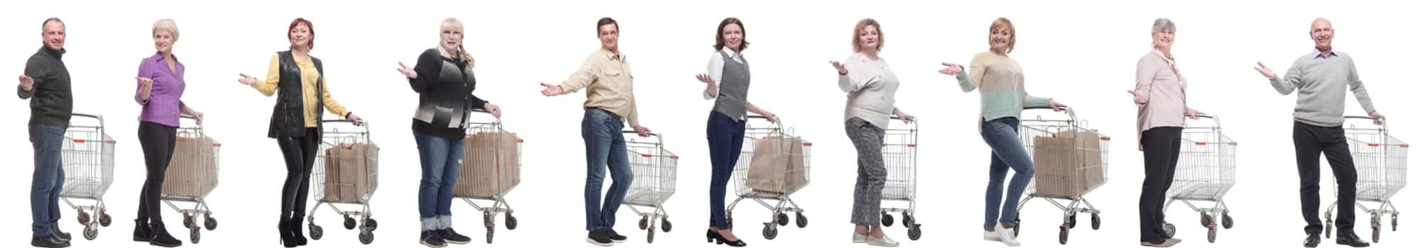 group of people with cart and outstretched hand thumbs up isolated on white background