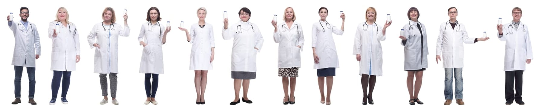 group of doctors holding jar isolated on white background