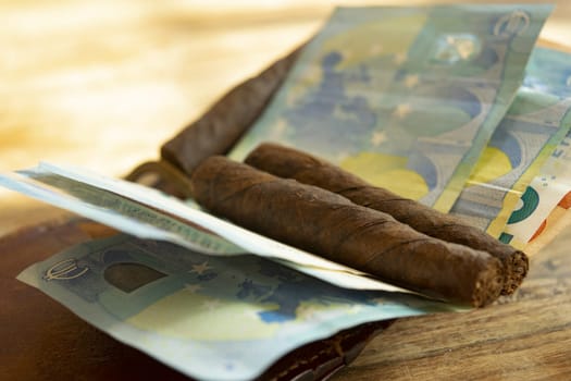 smoking costs concept with cigars leaning on banknotes