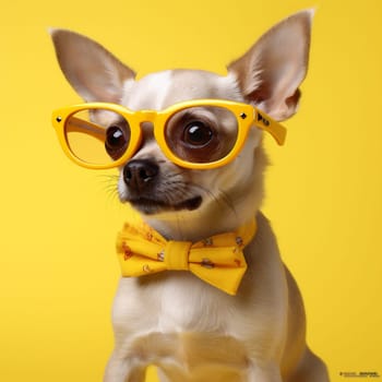 cute dog puppy chihuahua yellow looking pet glasses portrait humor young little eyeglass tie canine background funny pedigree domestic sunglasses animal. Generative AI.