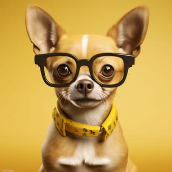 dog puppy portrait fun studio fashion canine smart young happy background yellow glasses chihuahua cute pedigree canino doggy eyeglass pet animal. Generative AI.