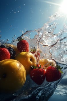 vegetarian tropical vitamin drop clean diet vegetable fruit water ingredient food strawberry background fresh berry healthy banana green delicious concept wave. Generative AI.