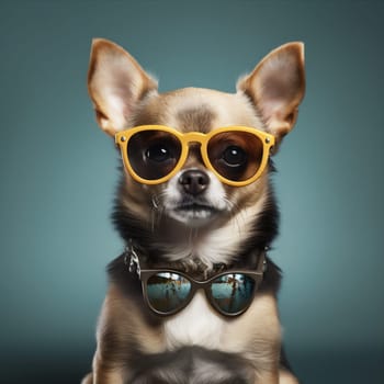 dog goggles purebred chihuahua yellow canino eyeglass pet friend space copy concept cool glasses cute canine puppy portrait fun young background animal. Generative AI.