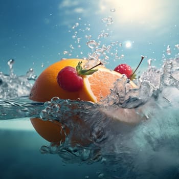 food citrus wave background yellow strawberry fruit sweet kiwi clean nature ingredient healthy green water drop red diet concept fresh vitamin. Generative AI.