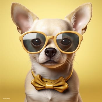 dog friend young pet little fashion glasses chihuahua background portrait isolated space smart copy cool tie happy cute sunglasses animal yellow puppy. Generative AI.