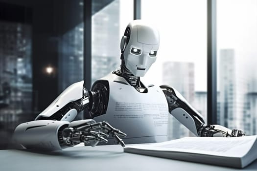 mechanical concept ai technology document cyborg tech laptop digital hand robot machine artificial paper write futuristic signing financial office finance. Generative AI.