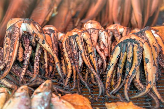 Squid are smoked with other fish in a smokehouse. Fishing season. High quality photo