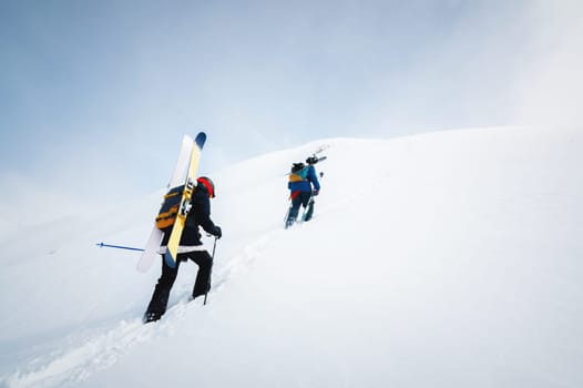 Side view of a group of people climbers skiers climbing up the snowy slope. Snow-capped mountains and trekking, free skiing.