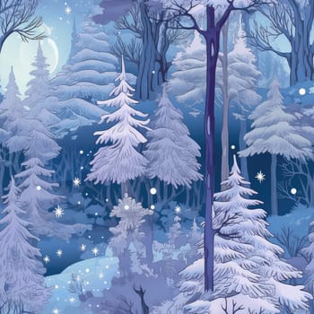 Magical winter landscape. Seamless background of a winter wonderland with snowflakes, Christmas trees, and icicles. Illustration in a whimsical art style. AI generated
