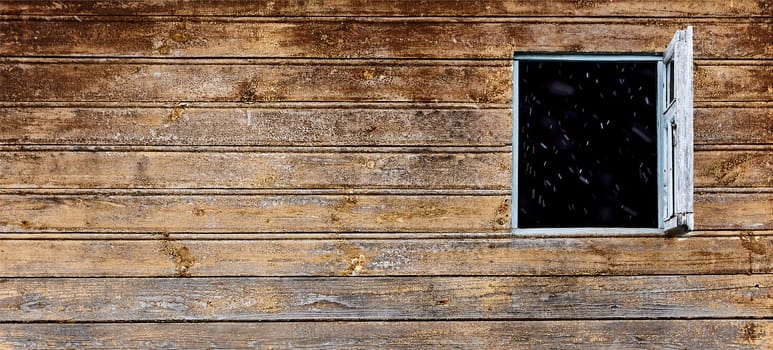 Brown wall open window background image. Old house. Vitage, wood trim of an old house.