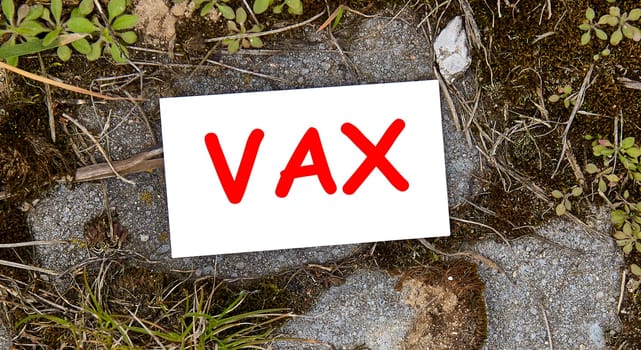 Vaccination or no vaccine, the decision to vaccinate or not to vaccinate against the Covid-19 coronavirus epidemic. Card with an inscription on a background of grass and stones.