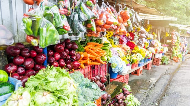 Section of sale of vegetables, fruits and flowers on a road in Jinotega, Nicaragua, Latin America, Central America