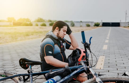 Male cyclist sitting with headache. Cyclist on the pavement with a headache. Concept of cyclist suffering with migraine