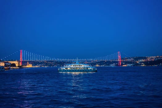 Muslim architecture and water transport in Turkey - Beautiful View touristic landmarks from sea voyage on Bosphorus.