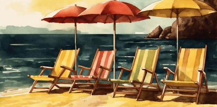 watercolor tourism island summer vacation resort holiday ocean beach umbrella sun landscape chair rest caribbean background seascape tour illustration sunny water relax. Generative AI.