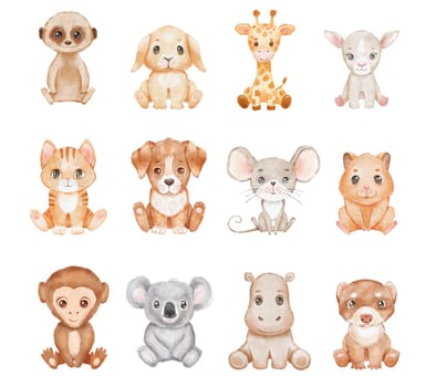 Cute cartoon baby animals isolated on white. Watercolor cat, dog, giraffe and lamb are sitting. Childish funny character set