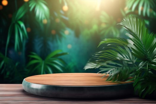 leaf podium mockup nature up empty abstract design wooden object template summer mock palm platform white color green cosmetic space concept. Generative AI.
