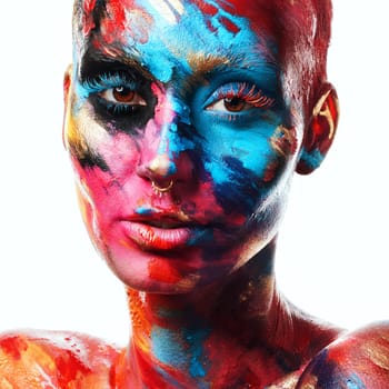 There is magic in creativity. an attractive young woman posing alone in the studio with paint on her face
