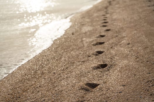 Human footprint on sand summer beach background with copyspace.