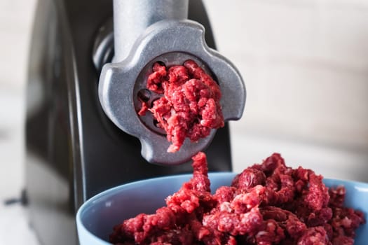 Grinder for preparation of minced meat in kitchen, domestic kitchen, selective focus