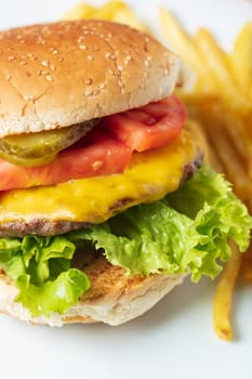 Cheeseburger with tomato and lettuce . High quality photo