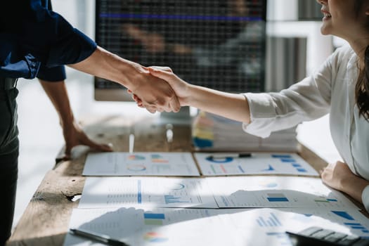 Handshake, contract deal and business partnership of meeting with shaking hands. Networking, hiring and professional negotiation of onboarding collaboration and congratulations of project.