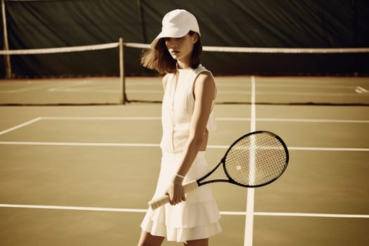 A woman in a white dress is holding a tennis racket.