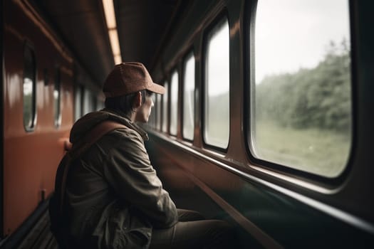 A man sits on a train looking out the window.