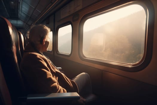 A man sits in a train looking out the window of a train.