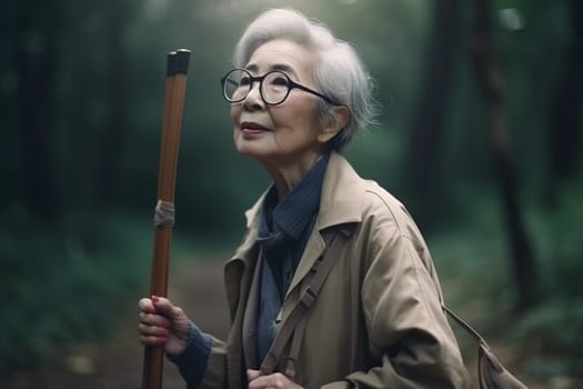 A woman with glasses and a cane walks through a forest.