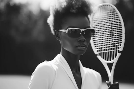 A woman wearing sunglasses holds a racquet in a park.