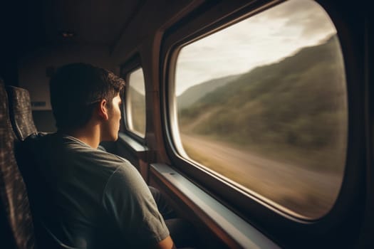 A man sits in a train looking out the window.