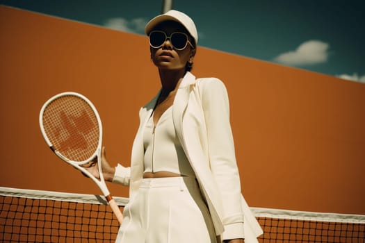 A woman wearing a white outfit holds a tennis racket in front of a orange wall.