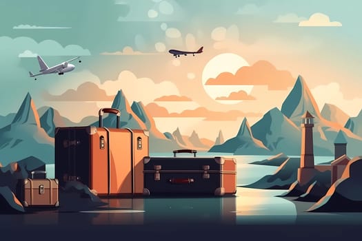 A cartoon illustration of a suitcases and a plane flying over mountains.
