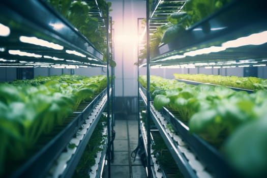 A large industrial greenhouse with a row of lettuce on the top.