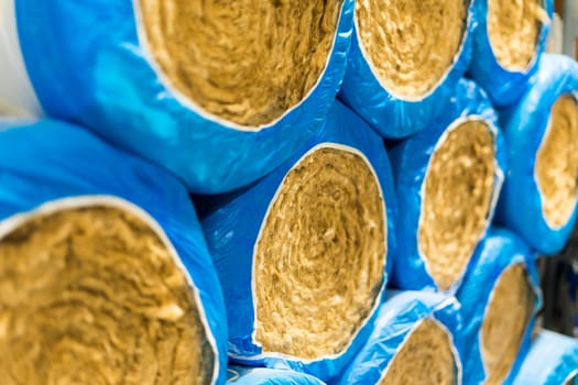 Thermal insulation material, rock wool is wrapped in a foil. Rock wool texture